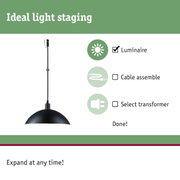Black metal pendant lamp with cable and plug for modern interior lighting and light staging