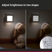 Two-stage dimmable white LED night light with switch for gentle kids room illumination