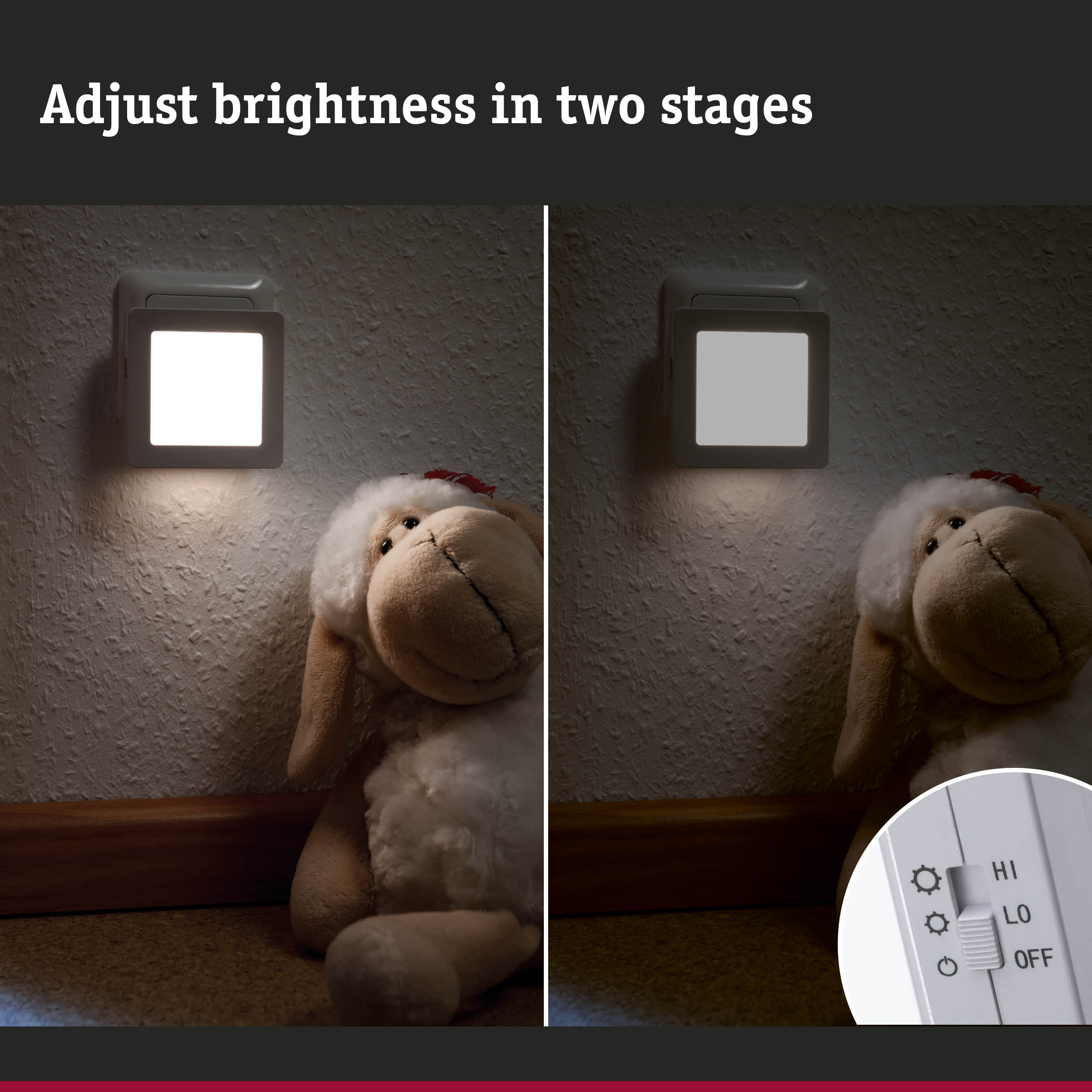 Two-stage dimmable white LED night light with switch for gentle kids room illumination