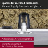 Fire-resistant plastic spacers for recessed luminaires protect against overheating and extend LED lifespan