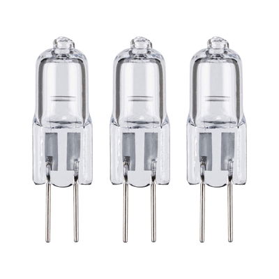 Three clear halogen bulbs with two metal pins, suitable for lighting and replacement bulbs