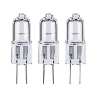 Three clear halogen bulbs with two metal pins, suitable for lighting and replacement bulbs