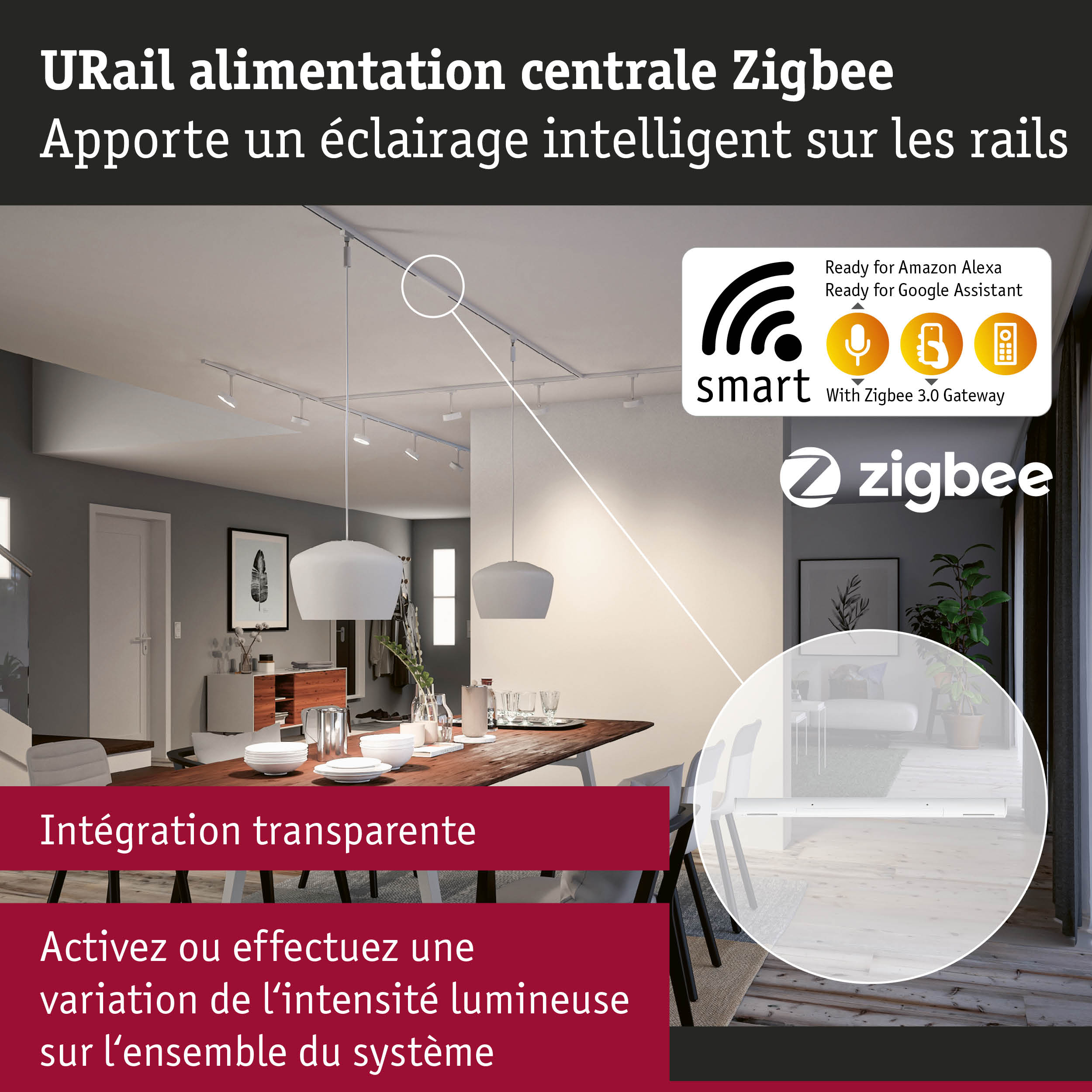 Salon moderne avec système d'alimentation URail Zigbee pour un éclairage intelligent sur rails