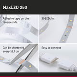 MaxLED 250 LED strip with adhesive tape, 30 LEDs per meter, cuttable every 16.7 cm, easy connector