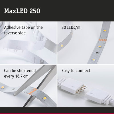 MaxLED 250 LED strip with adhesive tape on reverse, 30 LEDs per meter, cuttable every 16.7 cm, easy to connect