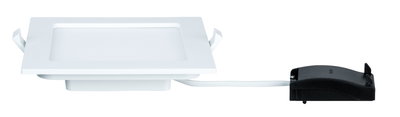 Quadratischer weißer LED-Einbaustrahler aus Kunststoff mit schwarzem Treiber und Kabel