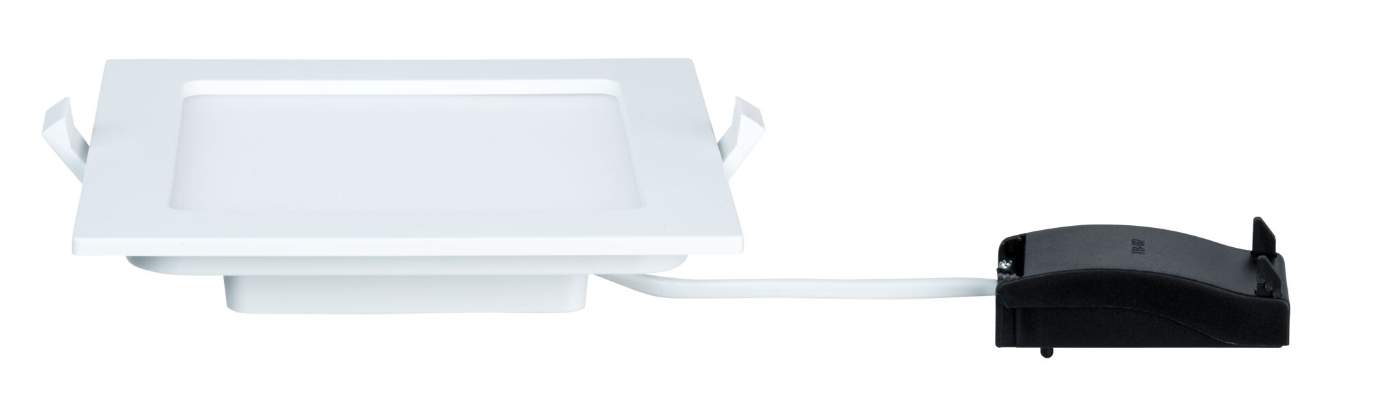 Square white LED recessed spotlight made of plastic with black driver and cable