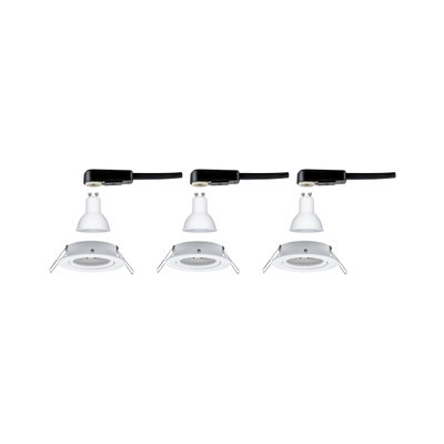 Tre hvide LED-indbygningsspots med GU10 fatning og sort kabel til moderne belysning
