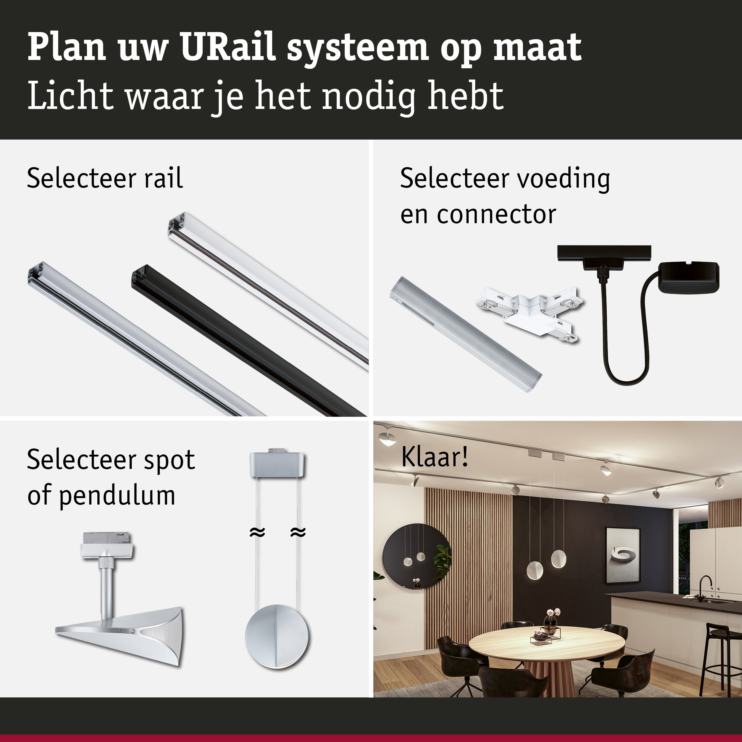 Modulair URail railsysteem met keuze uit rails, voeding en spots voor flexibele verlichting