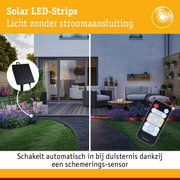 Zonne-LED-strips met zwart zonnepaneel en afstandsbediening voor automatische dimming in tuinverlichting