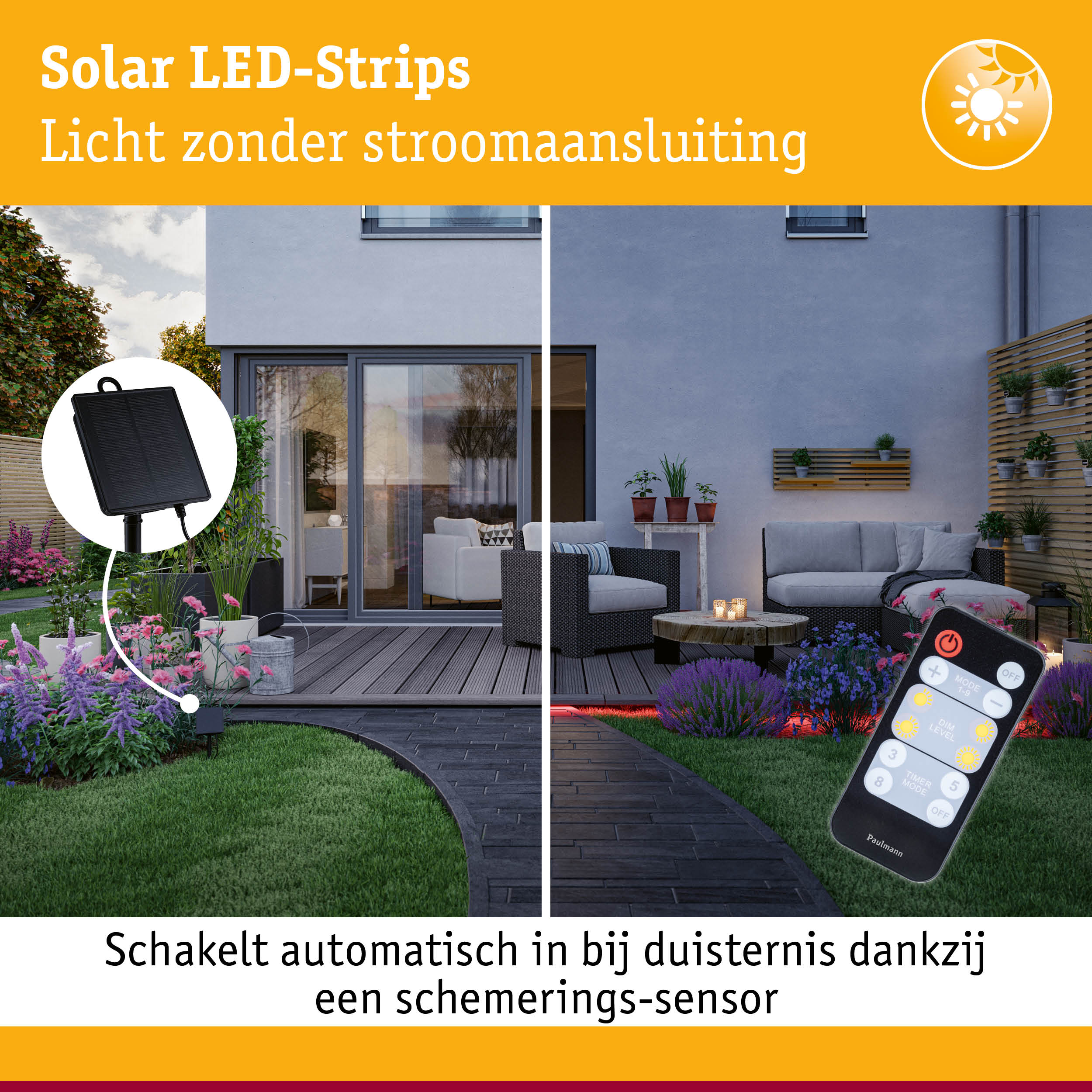 Zonne-LED-strips met zwart zonnepaneel en afstandsbediening voor automatische dimming in tuinverlichting
