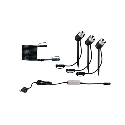 Trois projecteurs LED noirs pour jardin avec piquets et câble pour éclairage extérieur.