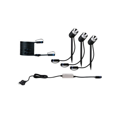 Trois projecteurs LED noirs pour jardin avec piquets et câble pour éclairage extérieur.