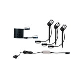 Drei schwarze LED-Gartenstrahler mit Erdspießen und Kabelset für Außenbeleuchtung.