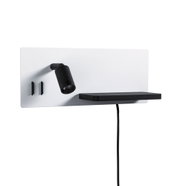 Moderner Wandspot aus schwarzem Metall mit weißer Rückwand und schwarzem Ablagebrett für LED-Beleuchtung