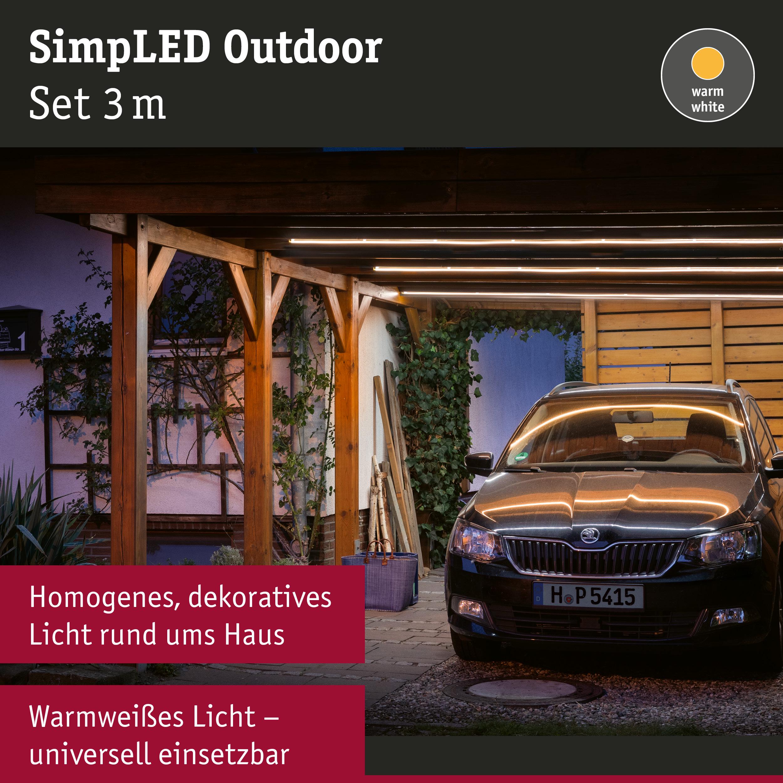 SimpLED Outdoor 3m LED-Lichtstreifen in warmweiß unter Holzcarport mit schwarzem Auto