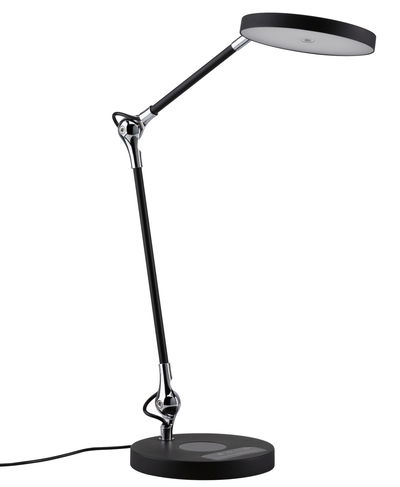 Modern black LED desk lamp with round light head and adjustable metal and plastic arm for office lighting