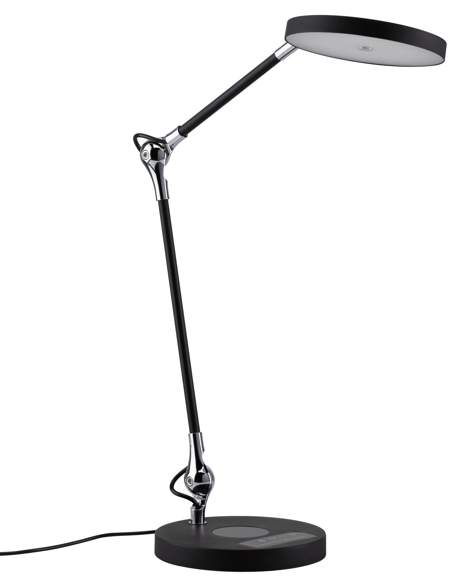 Modern black LED desk lamp with round light head and adjustable metal and plastic arm for office lighting