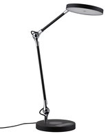 Modern black LED desk lamp with round light head and adjustable metal and plastic arm for office lighting