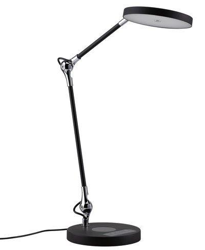 Modern black LED desk lamp with round light head and adjustable metal and plastic arm for office lighting