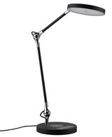 Modern black LED desk lamp with round light head and adjustable metal and plastic arm for office lighting