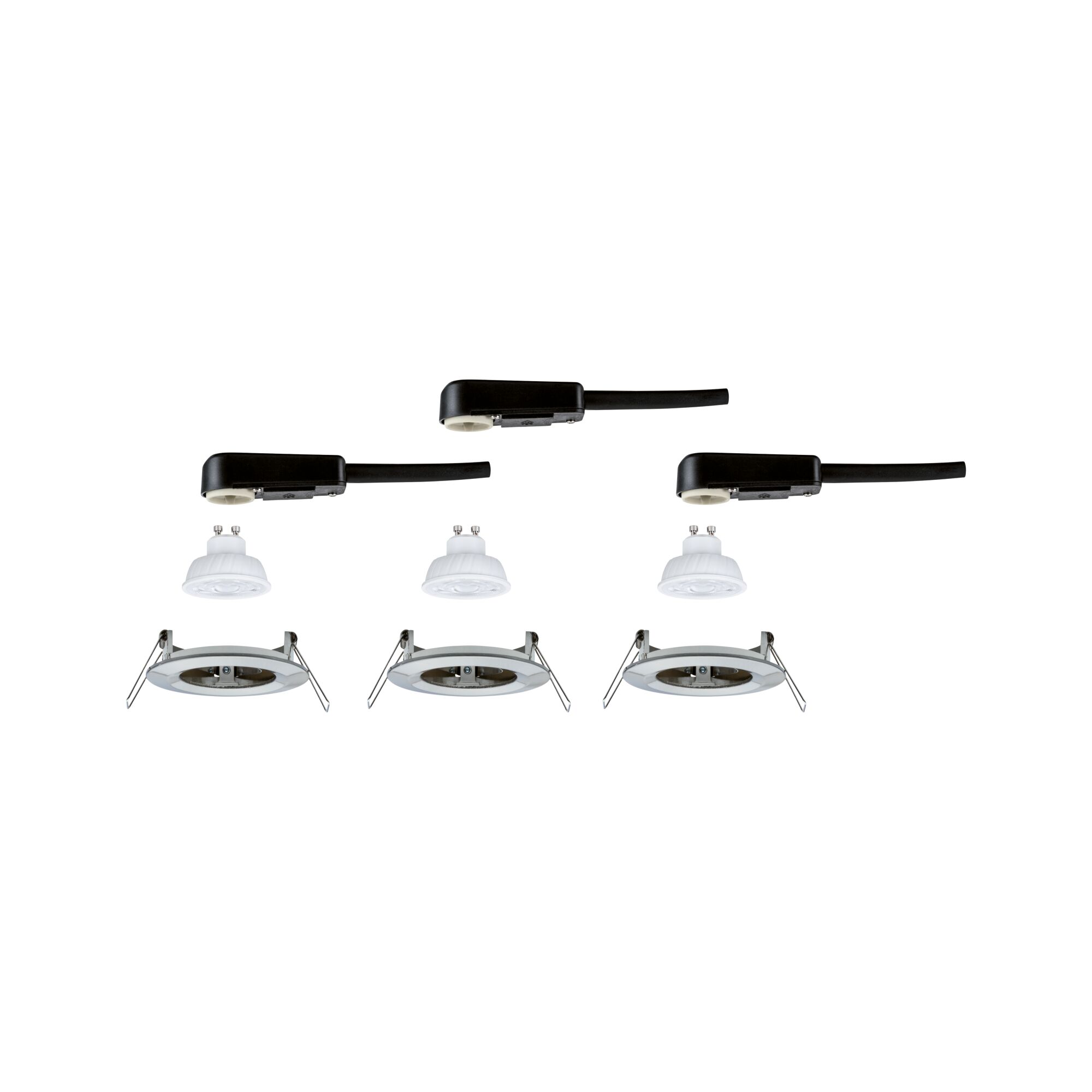 Drie witte GU10 LED inbouwspots met zwarte aansluitkabels en beugels voor plafondmontage