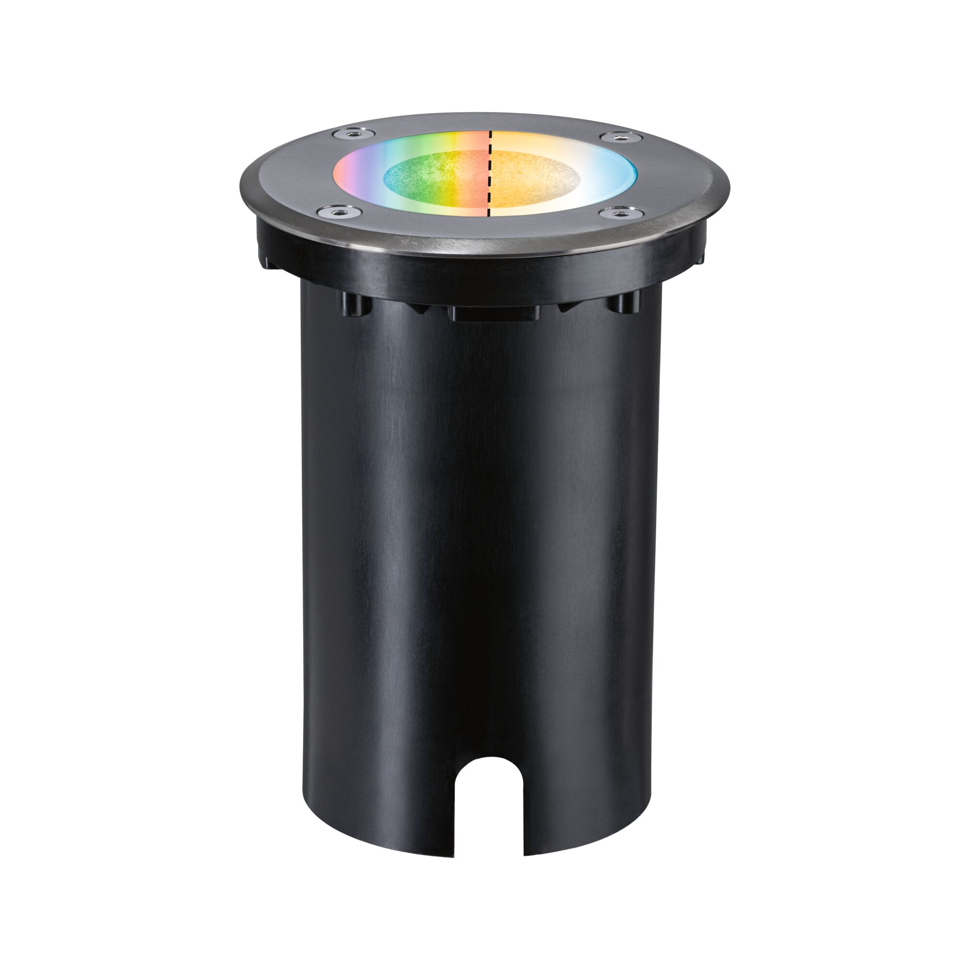 Black LED recessed floor spotlight with RGB color change and stainless steel frame for outdoor lighting