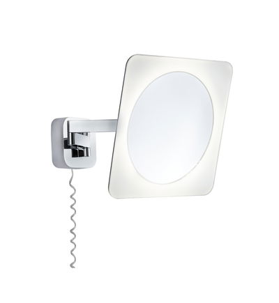 Modern wall mirror with LED light and chrome arm, square frame with round mirror surface.