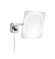 Miroir mural moderne avec éclairage LED et bras chromé, cadre carré avec miroir rond.