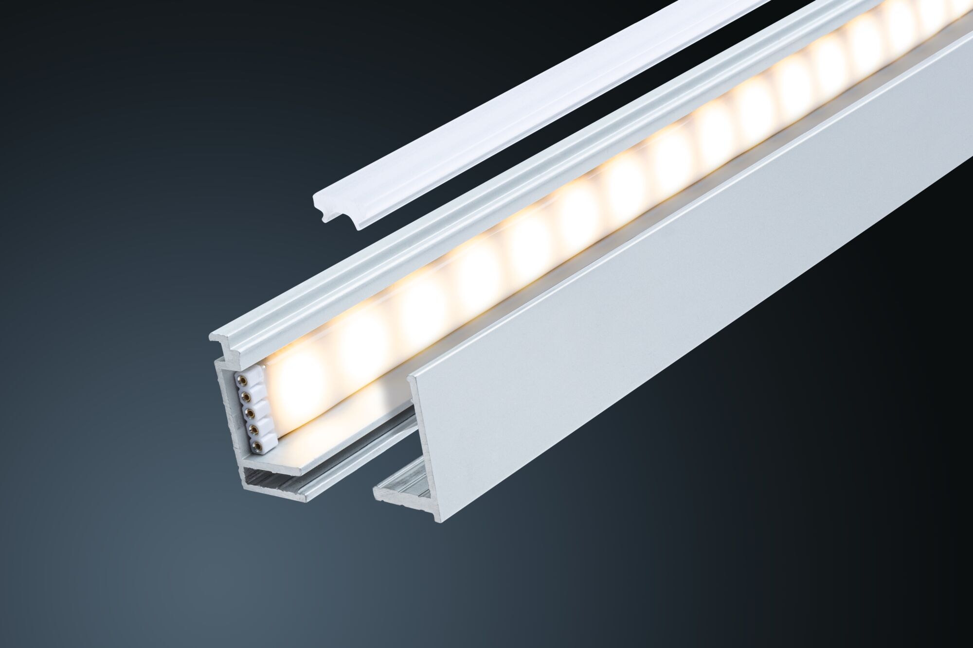Aluminum LED profile with warm white light and removable diffuser for modern lighting accents