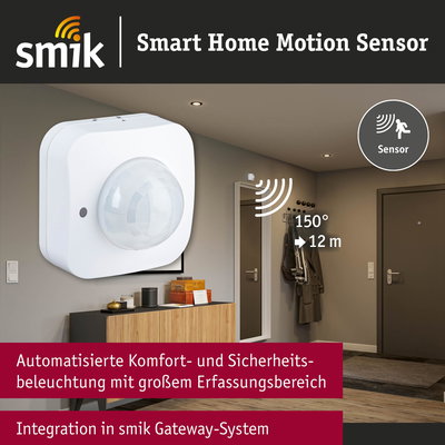 Weißer Smart Home Bewegungsmelder mit 150° Erfassungswinkel und 12 m Reichweite für Sicherheit und Komfort