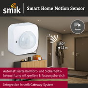 Weißer Smart Home Bewegungsmelder mit 150° Erfassungswinkel und 12 m Reichweite für Sicherheit und Komfort