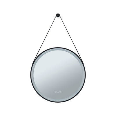 Runder Wandspiegel mit schwarzem Metallrahmen und LED-Beleuchtung, moderner Badspiegel mit Aufhängung.