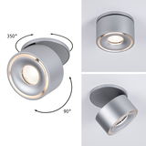Modern silver metal LED ceiling spotlight with 350° rotation and 90° tilt for adjustable lighting