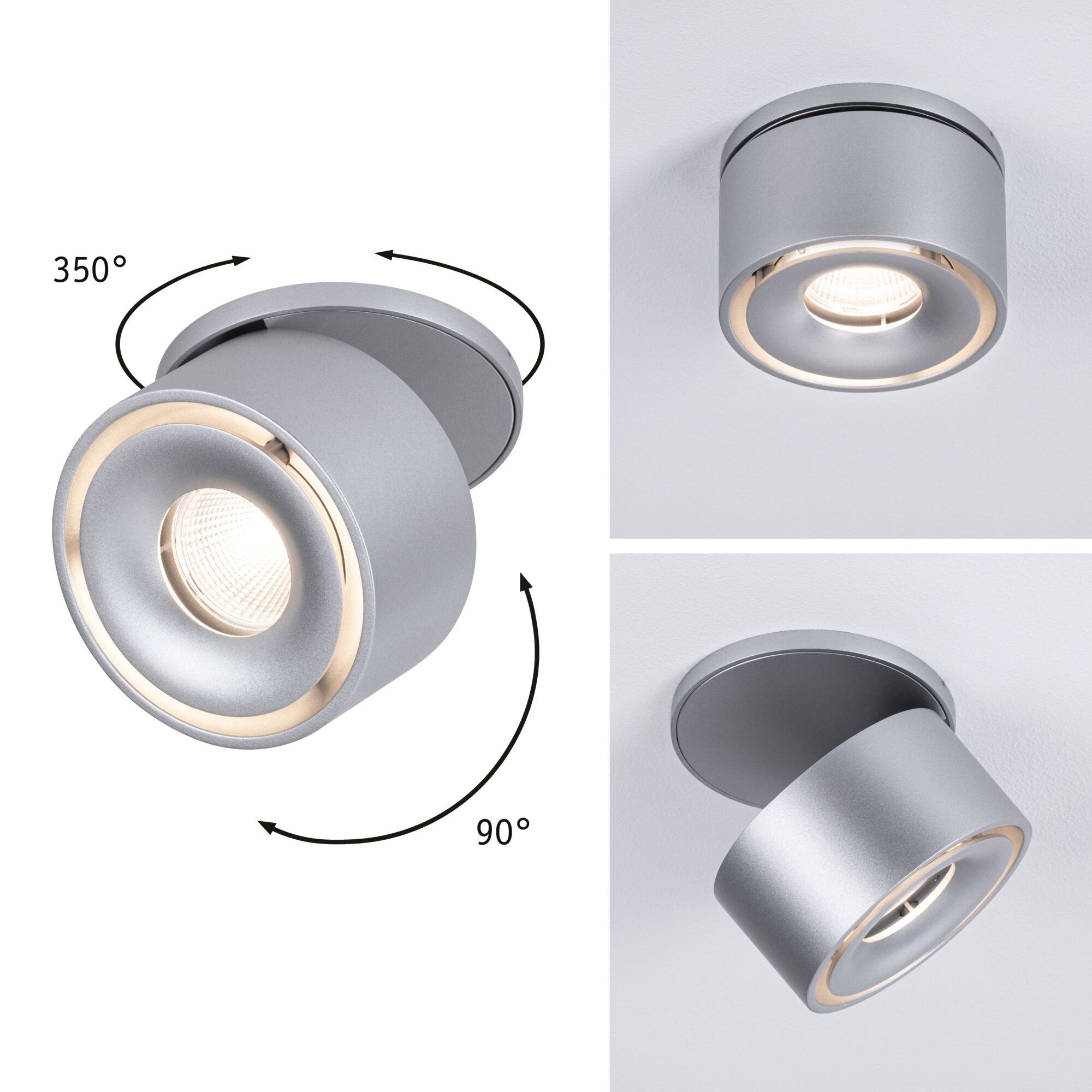 LED Recessed luminaire Spircle round 78mm 8W 550lm 230V 3000K Chrome matt Modern silver metal LED ceiling spotlight with 350° rotation and 90° tilt for adjustable lighting