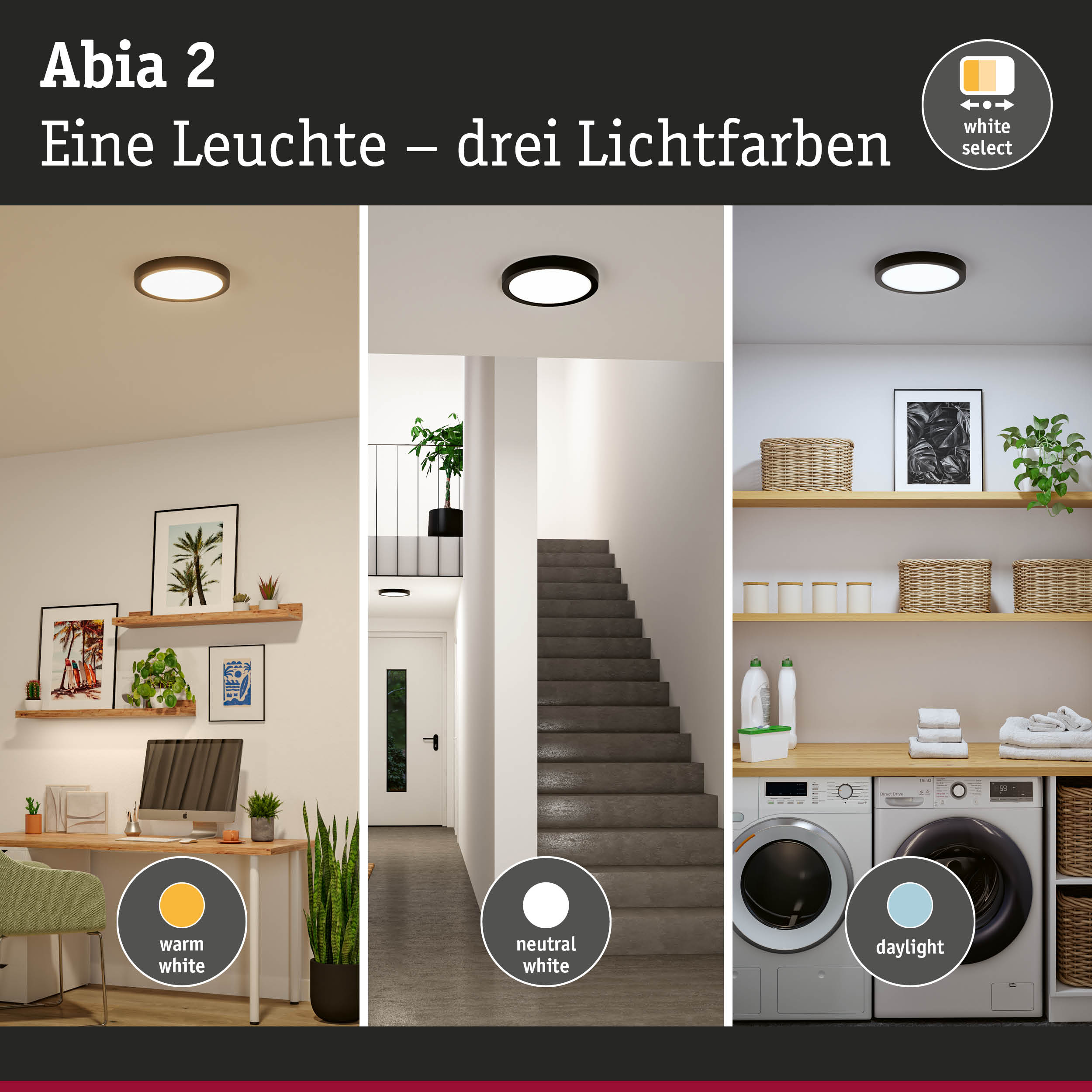 Abia 2 Deckenleuchte mit drei Lichtfarben warmweiß, neutralweiß und tageslicht für Wohnräume