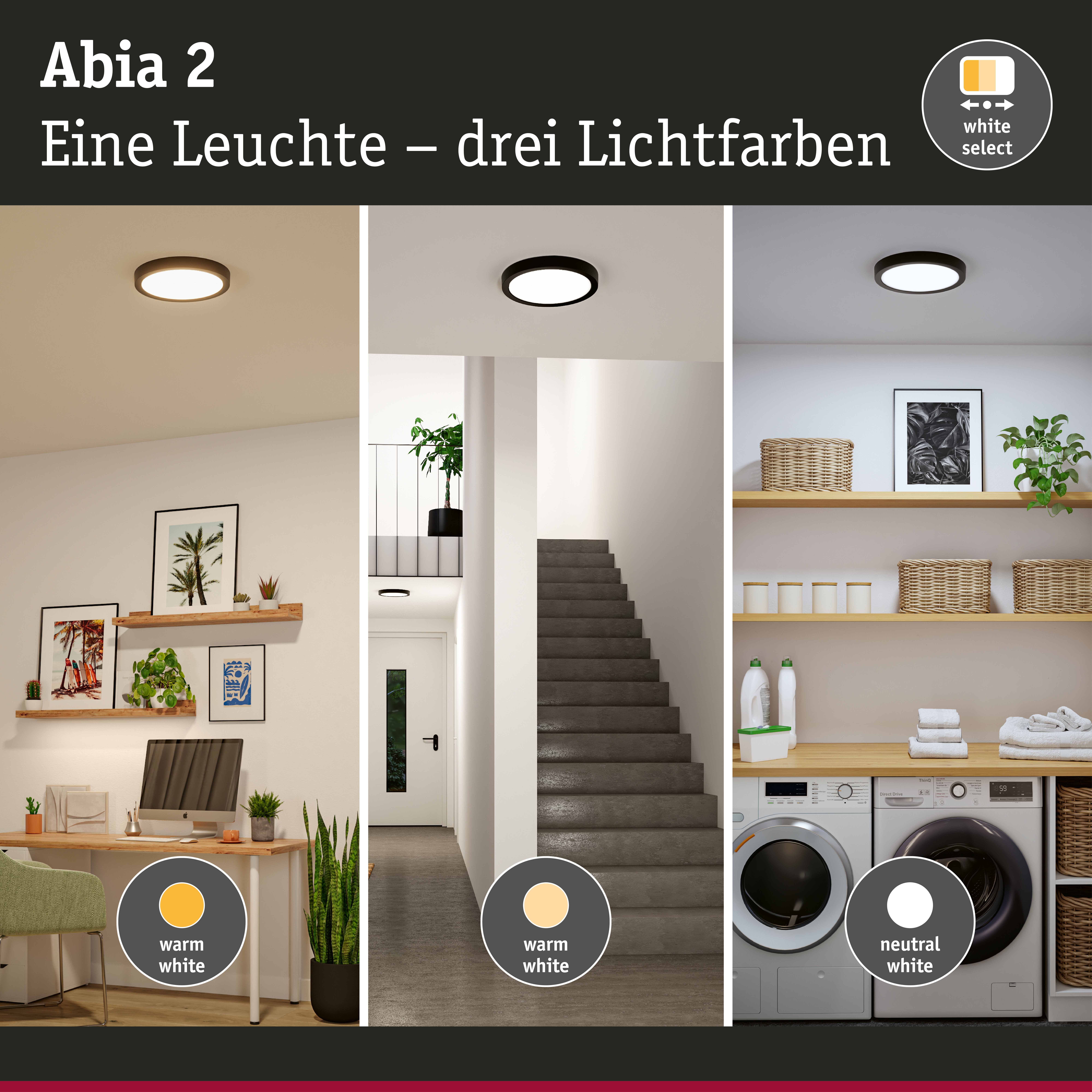 Abia 2 Deckenleuchte mit drei Lichtfarben warmweiß, neutralweiß und tageslicht für Wohnräume