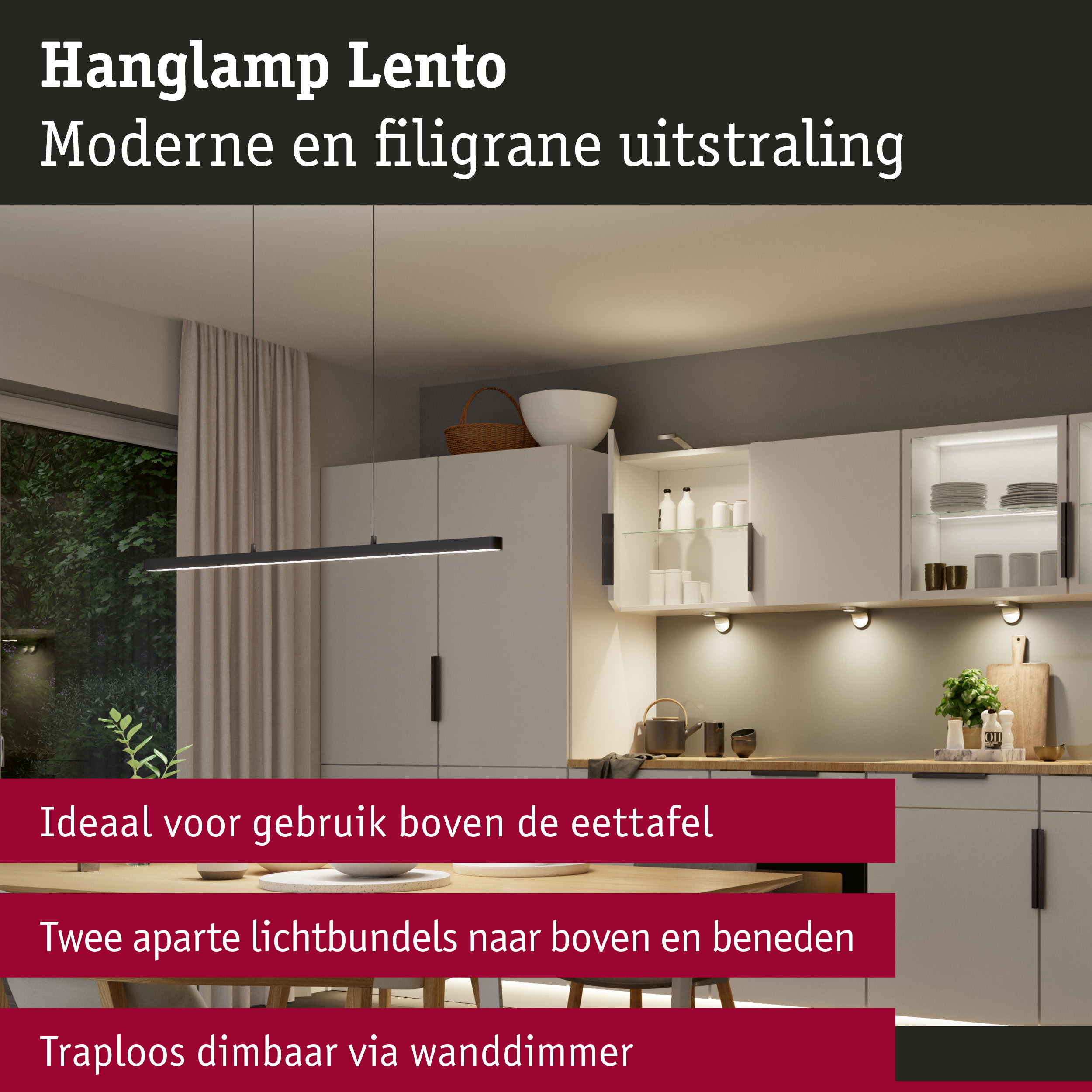 Moderne zwarte hanglamp Lento met filigrain design boven eettafel in lichte keuken