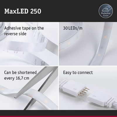 MaxLED 250 LED strip with protective cover, 30 LEDs per meter, adhesive tape, cuttable every 16.7 cm, easy to connect