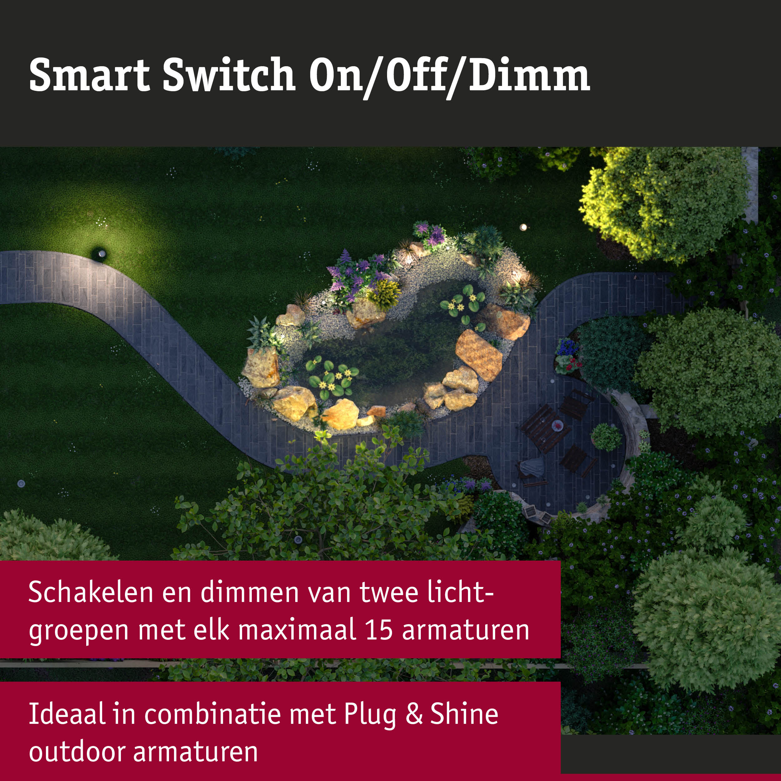 Verlichte tuin met vijver en pad 's nachts, buitenverlichting met slimme dimbare schakelaar
