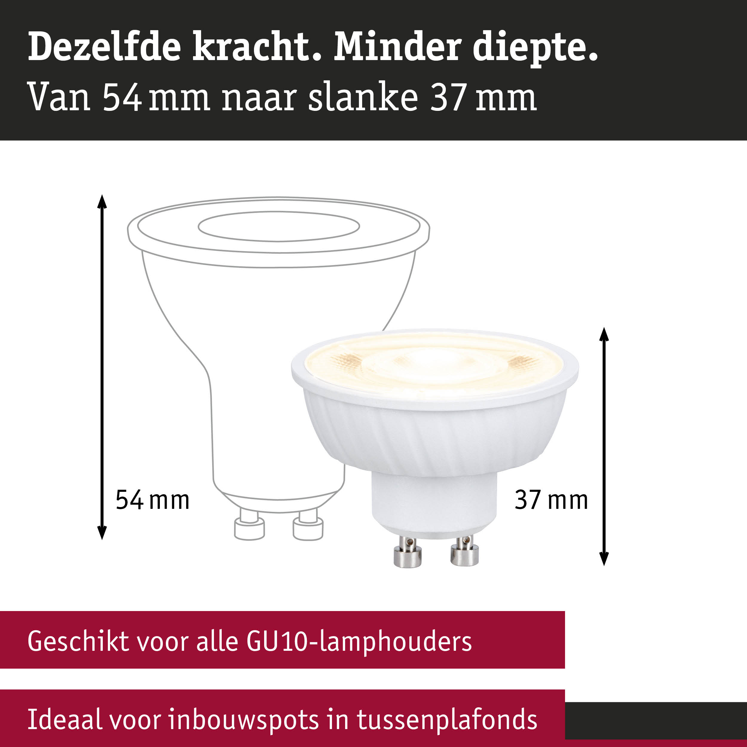 Vergelijking van twee GU10 LED-lampen van 54 mm en 37 mm hoogte voor inbouwspots in systeemplafonds