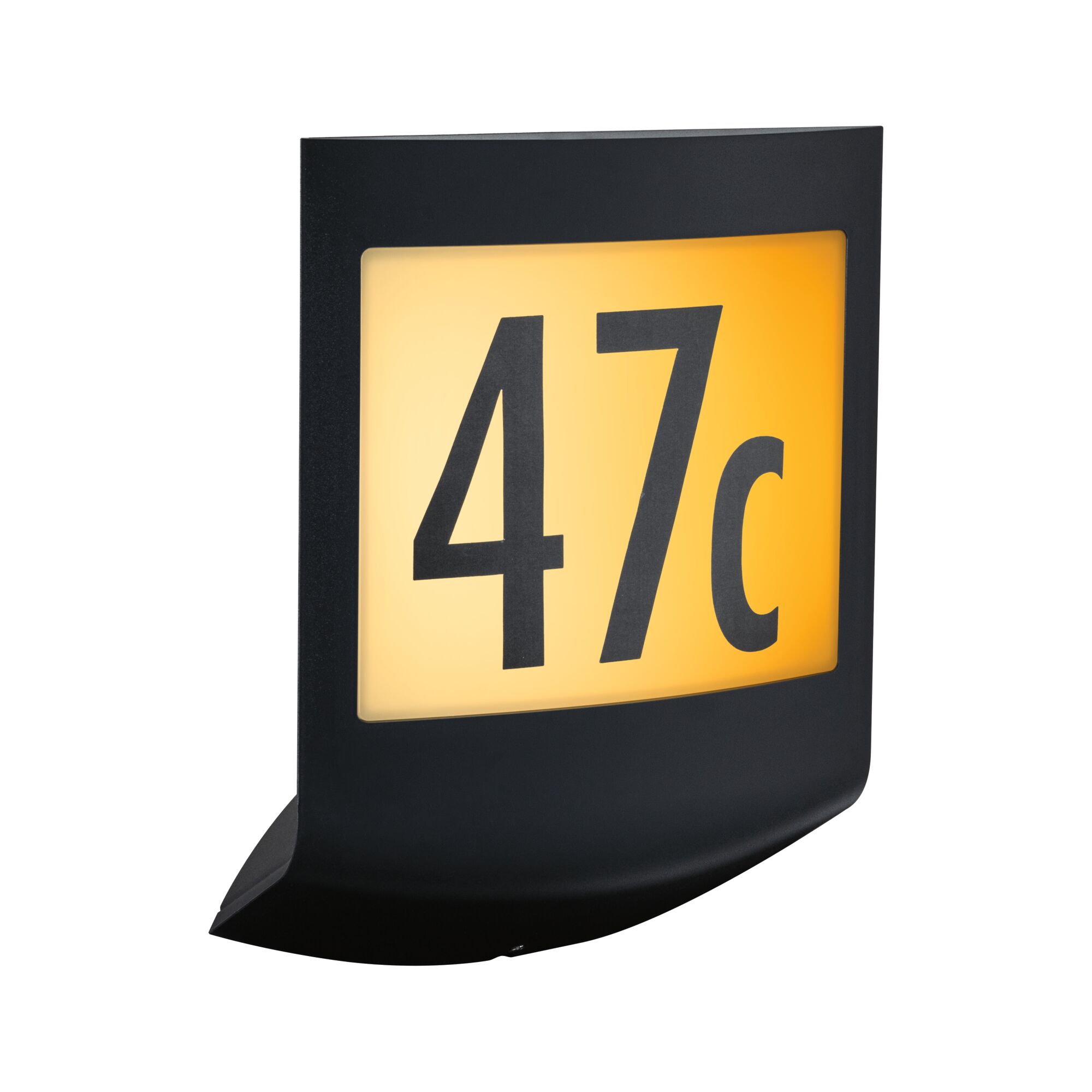 Black LED house number sign with yellow background and black digits 47c for outdoor lighting