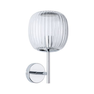 Wall light with ribbed clear glass and chrome metal arm for modern interior lighting