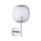 Wall light with ribbed clear glass and chrome metal arm for modern interior lighting