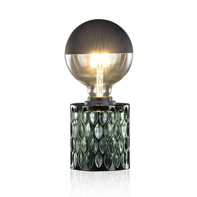 Table lamp with green glass base and half-smoked bulb for decorative LED lighting