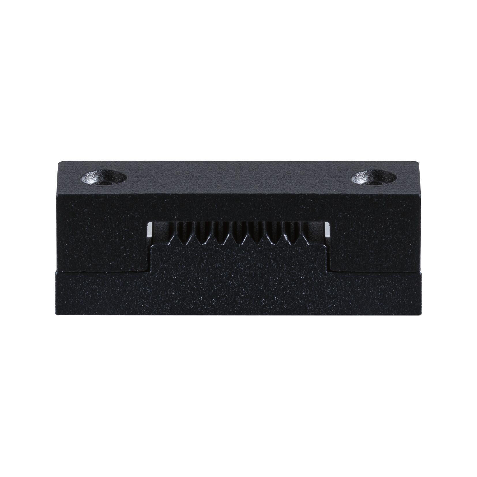 Black plastic connector with serrated interior and two screw holes for LED lighting systems