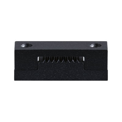 Black plastic connector with serrated interior and two screw holes for LED lighting systems