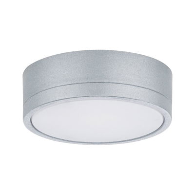 Round ceiling light in silver metal with white diffuser for modern indoor lighting
