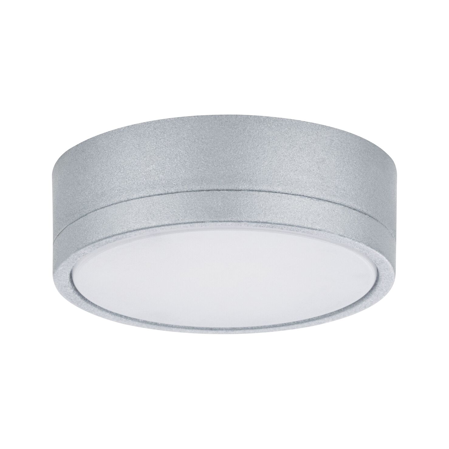 Round ceiling light in silver metal with white diffuser for modern indoor lighting