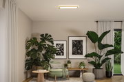 Salon moderne avec plafonnier rectangulaire, plantes vertes et fauteuil confortable beige et vert